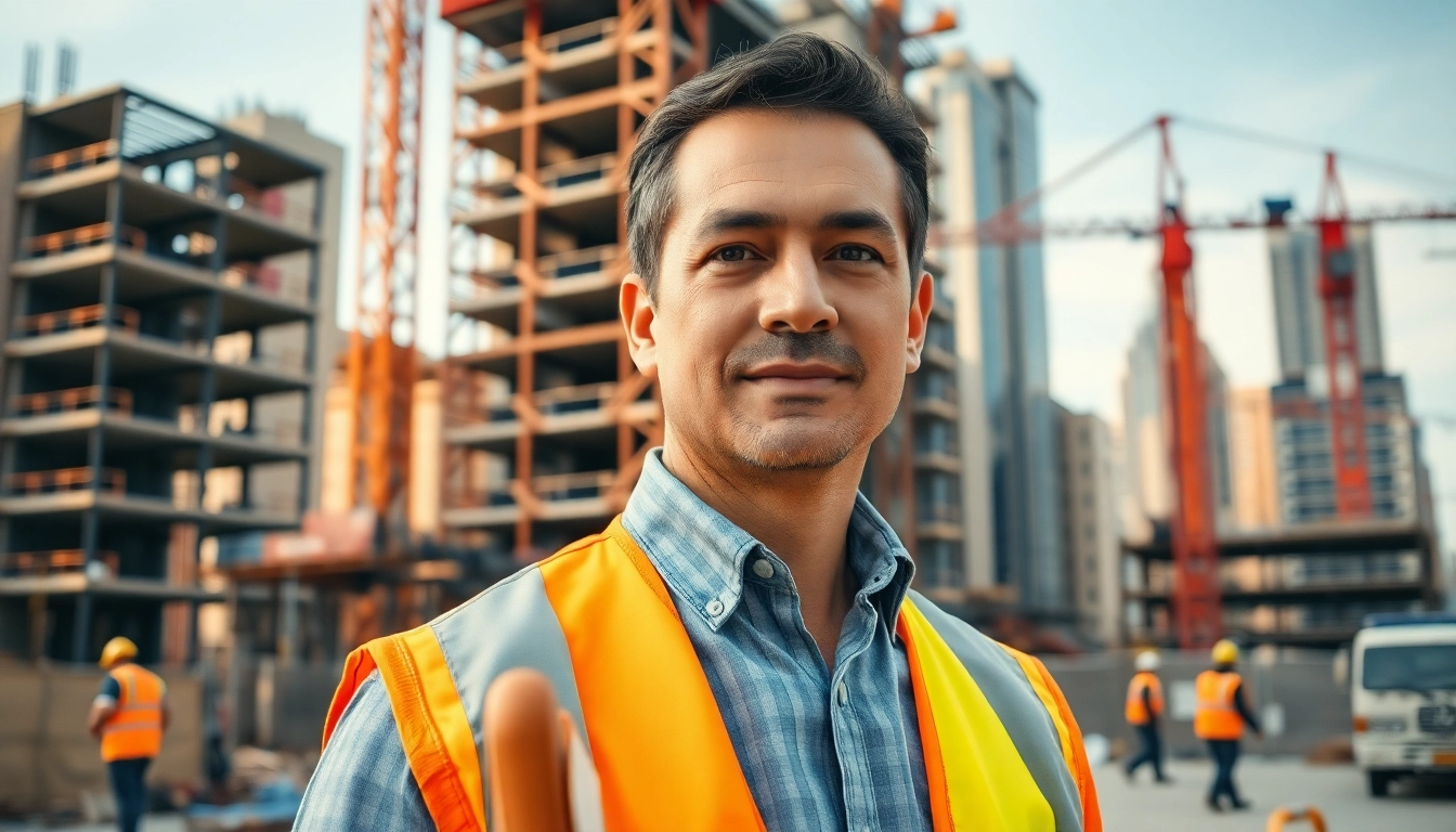 New York City Construction Manager supervising a dynamic construction site with cranes in the background.