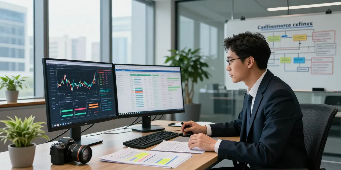 Analyst reviewing financial crime intelligence data analysis in a modern office.