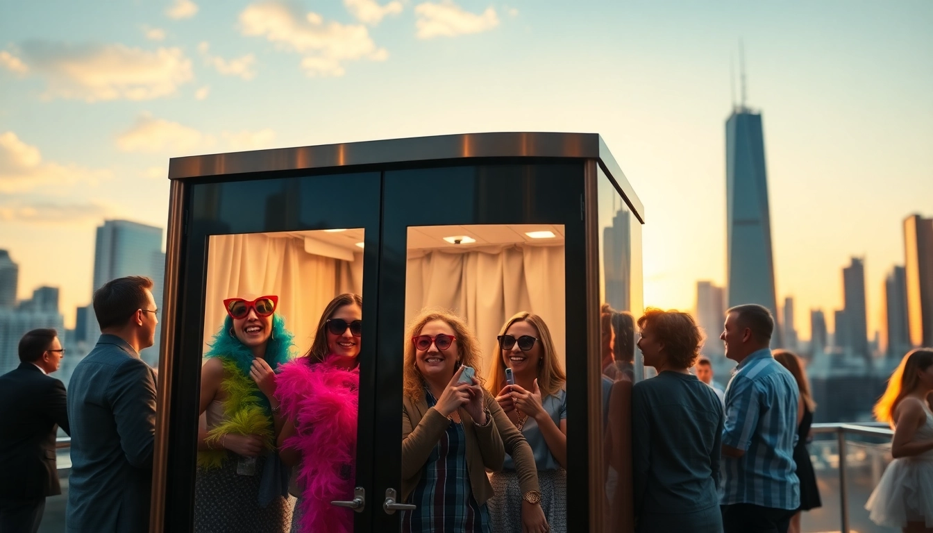 Guests laughing and posing at a photo booth chicago with fun props and city skyline in the background.