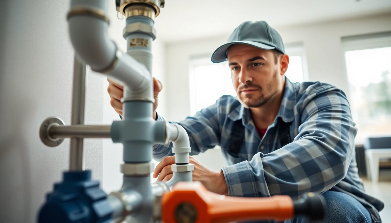 Plumber in North Vancouver fixing plumbing issues with tools in a home setting.