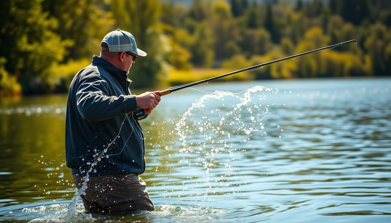 Catch of the day while fly fishing for bass in a beautiful natural lake setting.