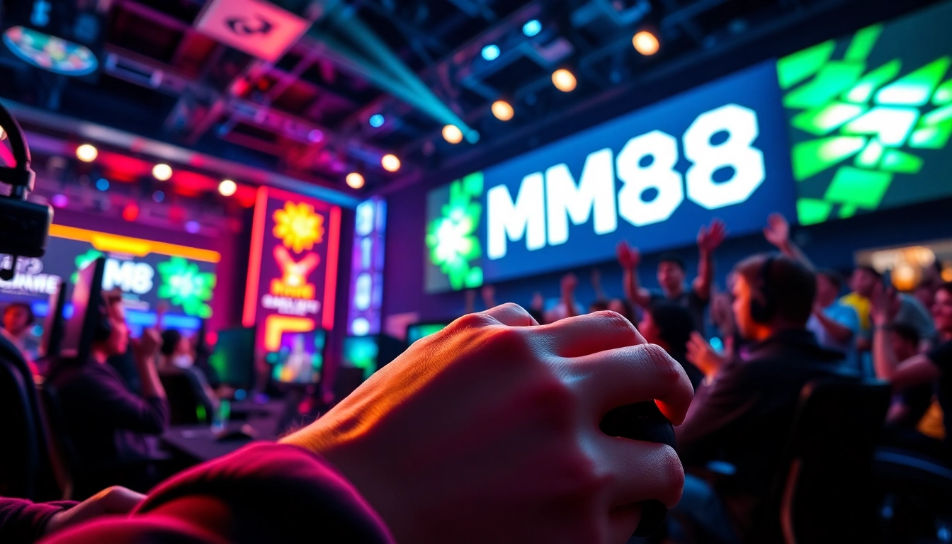 MM88 logo showcased in an energetic gaming competition environment.