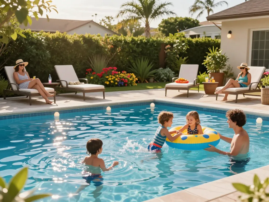 Dolphin Pool Services enhance family fun and relaxation in a beautiful backyard pool environment.