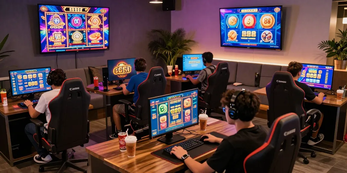 Exciting gaming lounge where players engage with slot88 games on various screens, vibrant atmosphere.
