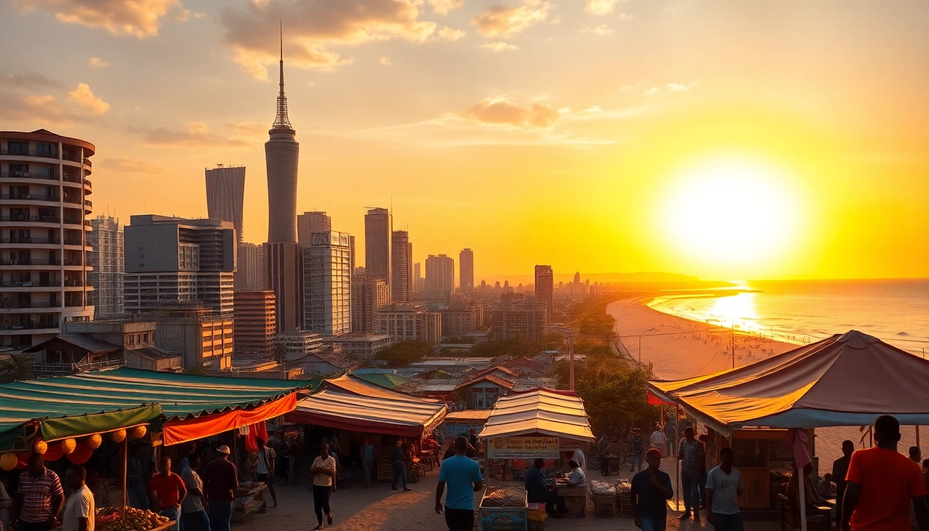 Discover lively street life and the stunning skyline of dar es salaam at sunset in this vibrant cityscape.