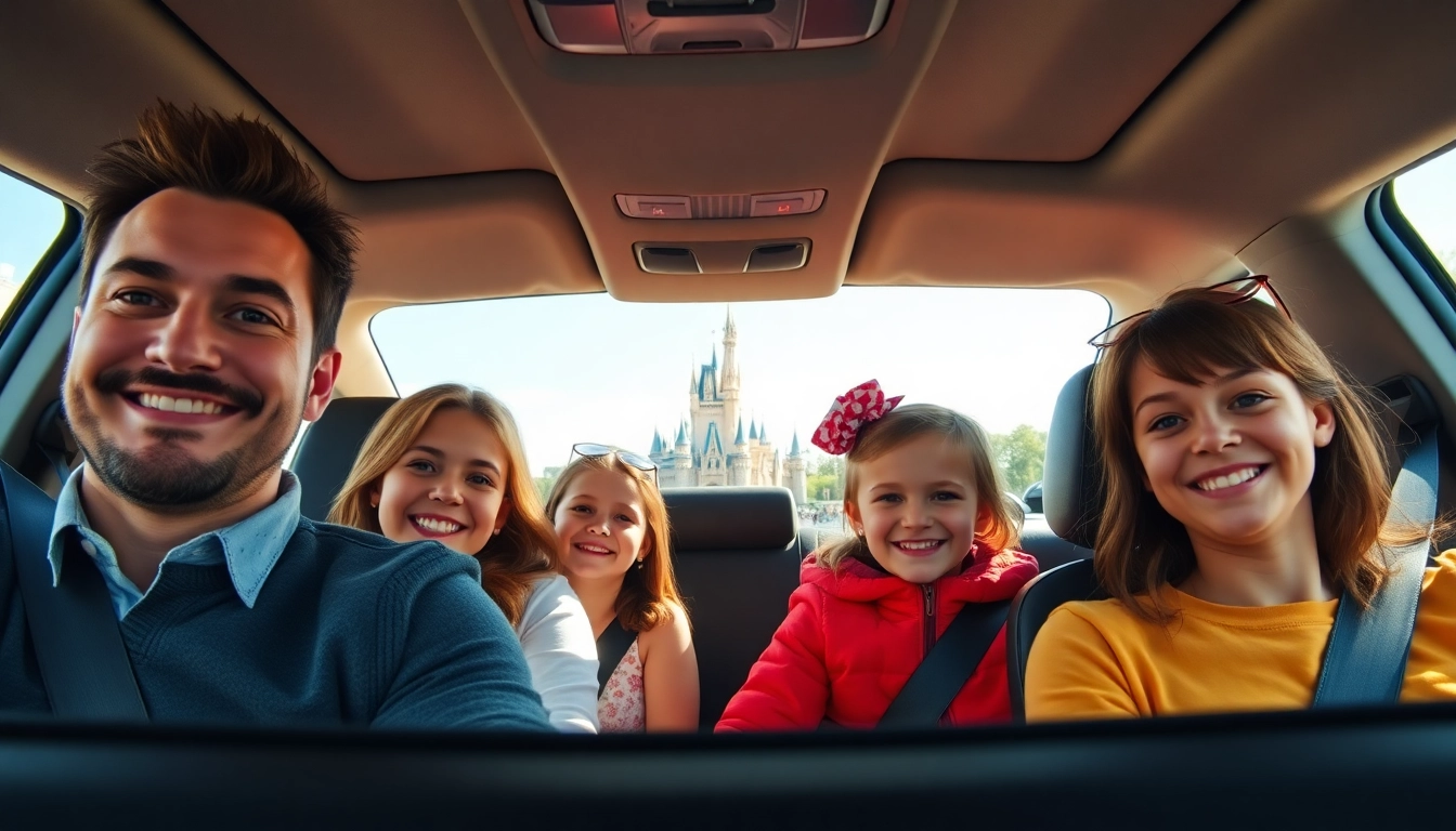 Families enjoying Disneyland Paris airport transfer services in luxury van on their way to the park.