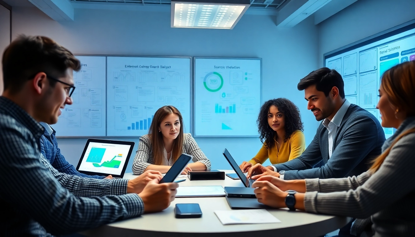 Explore enterprise search solutions with a diverse team analyzing data in a modern office setting.