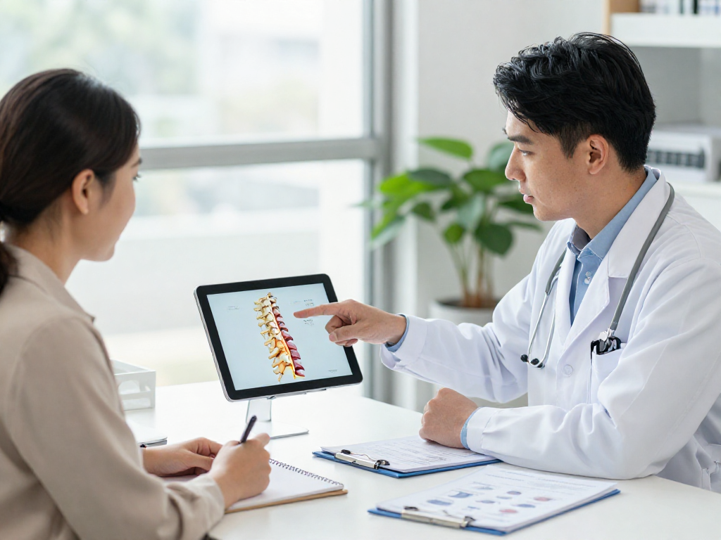 Boyun fıtığı ameliyatı consultation between doctor and patient in a modern clinic.