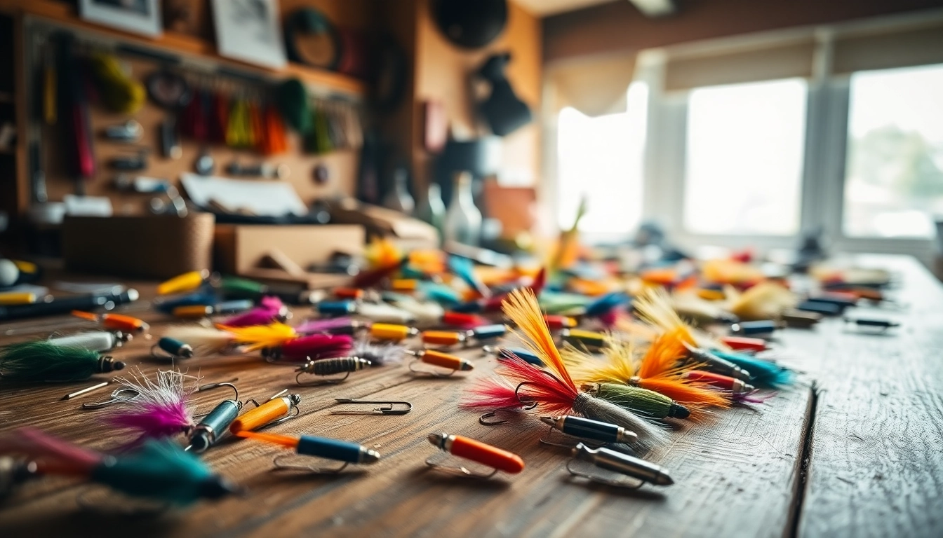 Engaging scene of fly tying with colorful materials and tools showcasing the crafting process.
