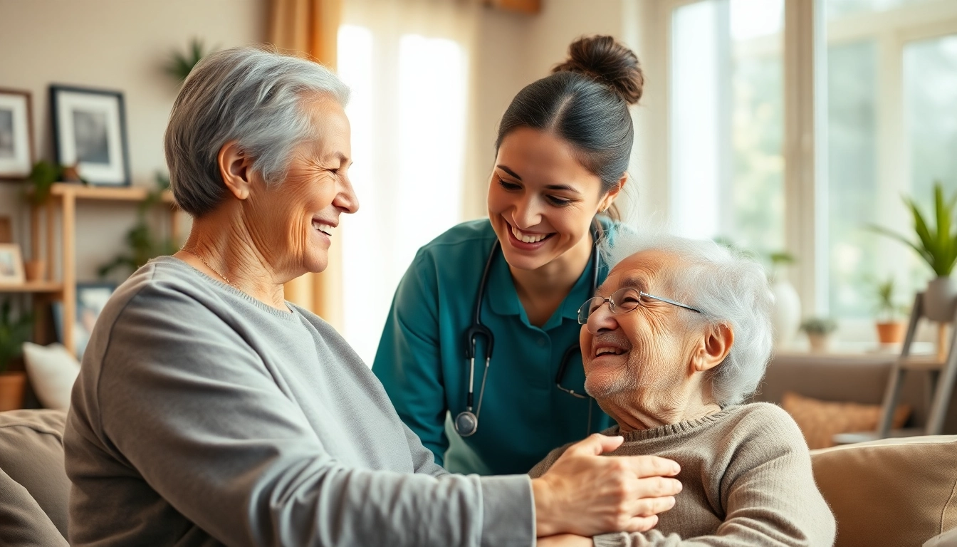 Elderly in home care near me, caregiver helping a senior in a warm, friendly living room.