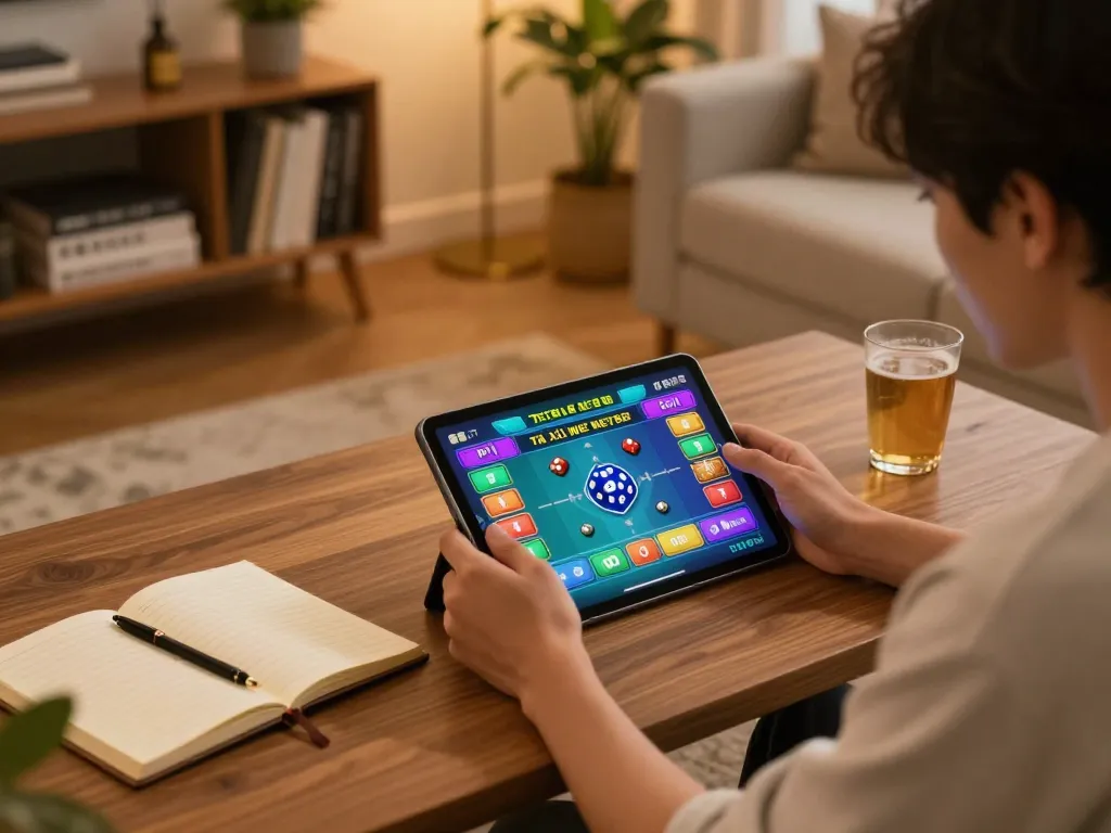 Tài xỉu NET88 gameplay displayed on a tablet, person engaging in strategic betting in a warm, cozy home setting