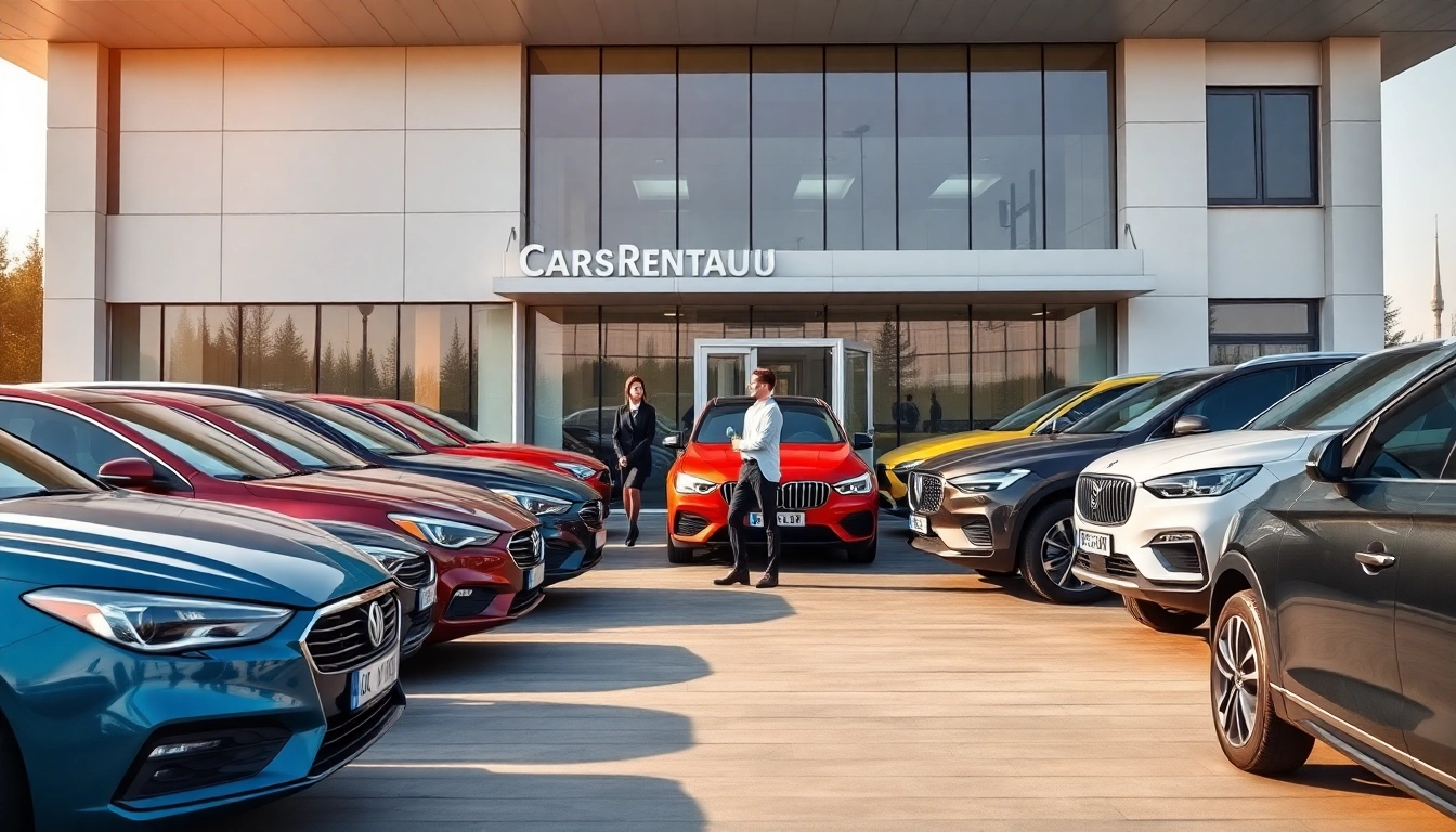 Rent a car Chisinau with a diverse fleet of vehicles outside a modern rental agency.
