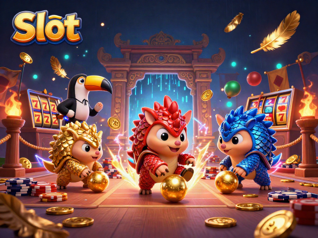 Vibrant illustration of Slot pangolins competing with gold coins and poker chips in a dynamic 3D scene.