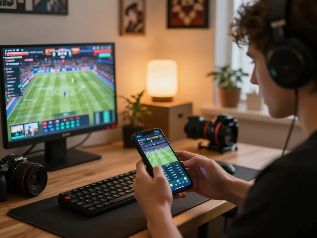 Engaging in sports betting using the TG88 app on mobile device in a cozy home setting