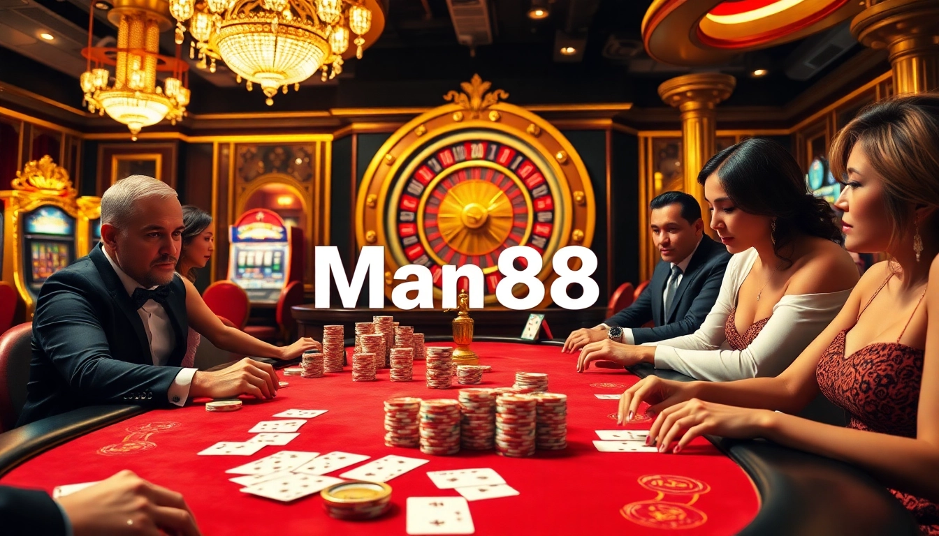 Man88 players enjoying a thrilling poker game at a luxurious casino table with vibrant decor.