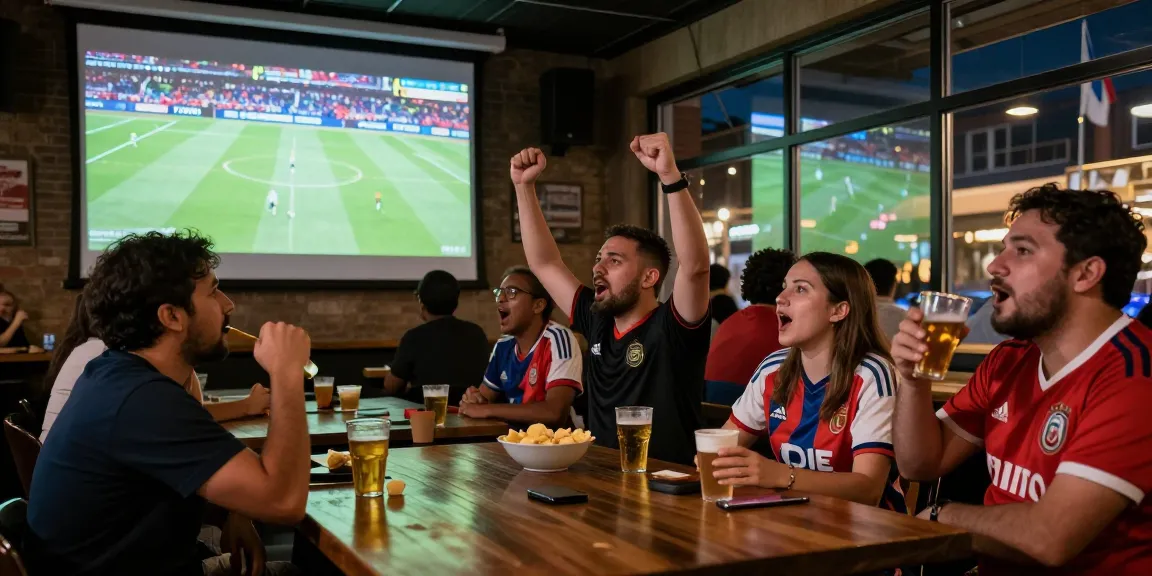 Excited fans enjoying kora live while watching a football match at a sports bar