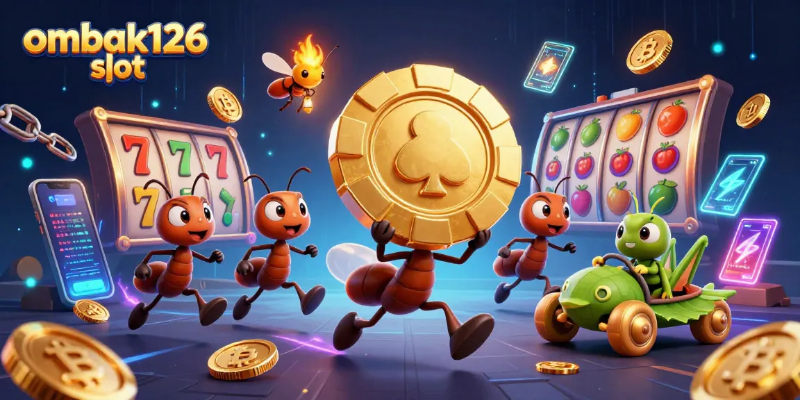 Engage with the ombak126 slot experience in a vibrant, dynamic heist scene featuring cartoon ants and crypto elements.