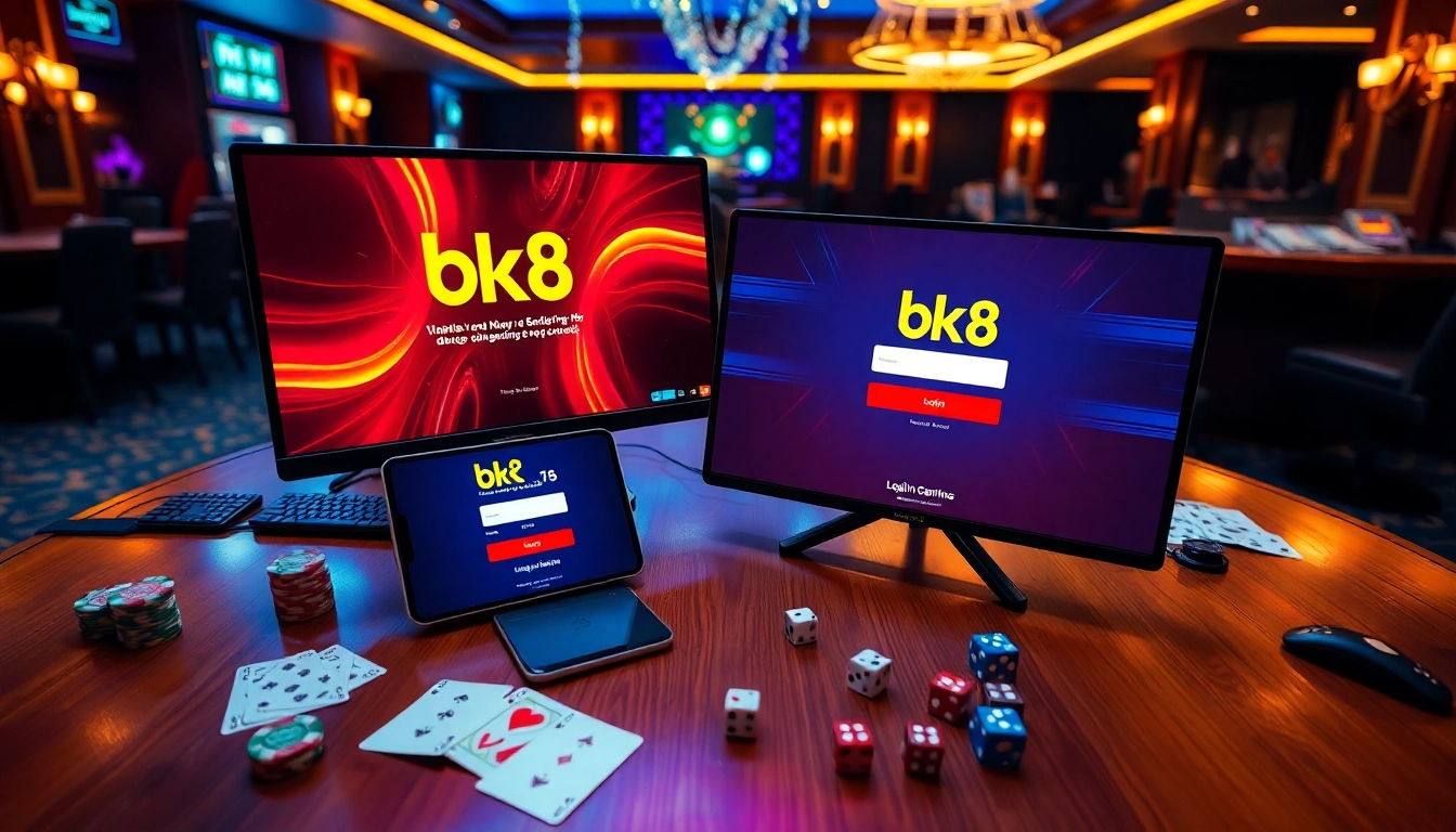 Login screen for bk8 login displayed on elegant devices amid vibrant casino elements.