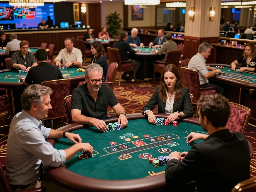 Bet 88 players engaged in poker game at upscale casino table under vibrant lighting