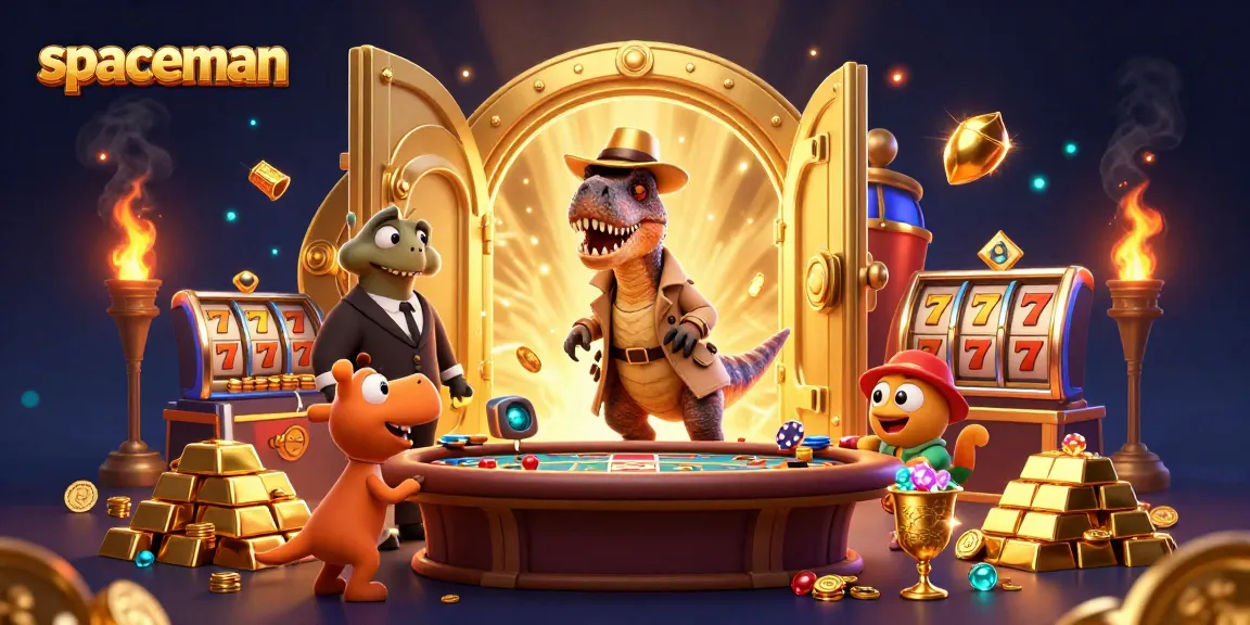 Spaceman-themed casino illustration featuring a velociraptor at a blackjack table, surrounded by vibrant treasures.