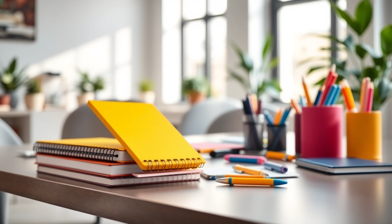 Showcase vibrant office stationery uk items arranged neatly on a modern desk, highlighting organization and style.
