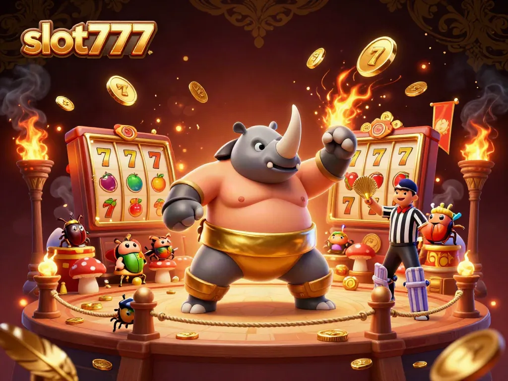 Slot777 merepresentasikan pemain yang bersemangat dalam arena judi dengan banyak koin emas.
