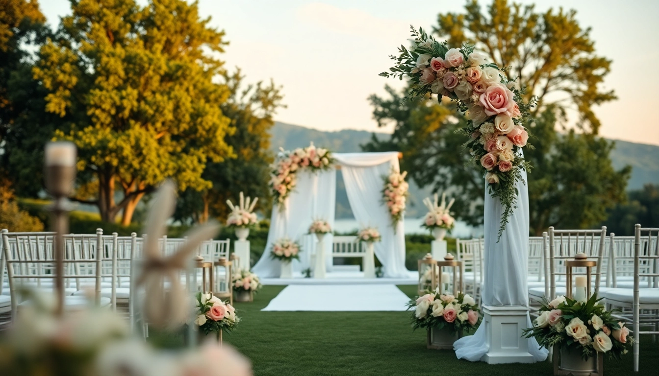 Hochzeit location mit eleganter Gartenanordnung und romantischer Atmosphäre.