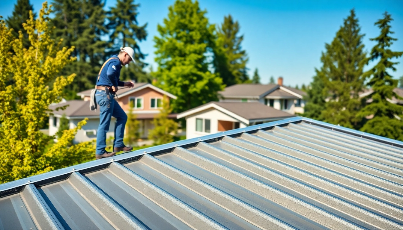 Installers working on metal roofing vancouver, showcasing craftsmanship and urban surroundings.
