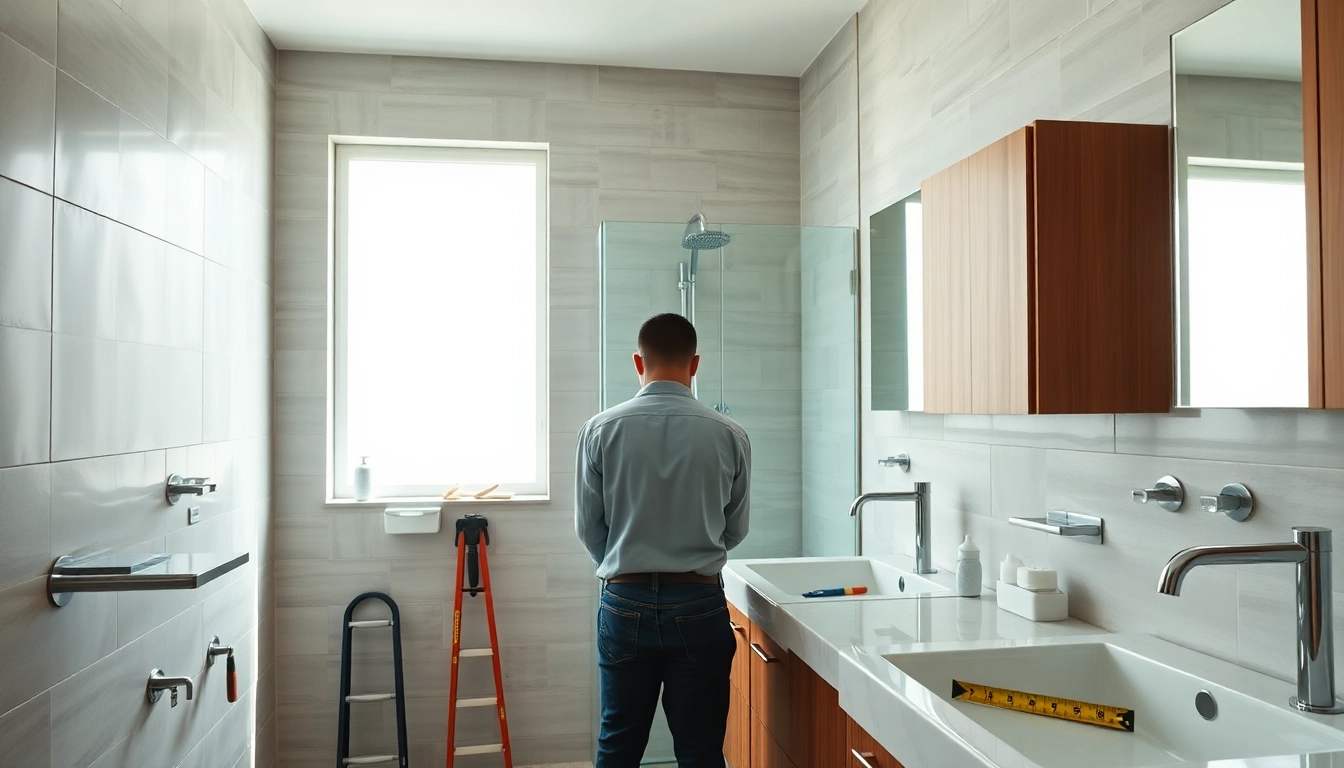 Skilled bathroom contractors near me improving a bathroom with modern designs and fixtures.