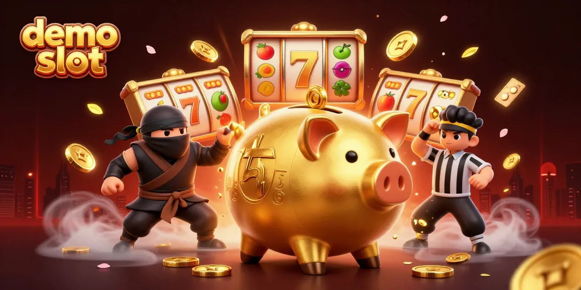 Gacor123 demo slot menampilkan petarung slot dengan piggy bank emas dan elemen permainan menarik.