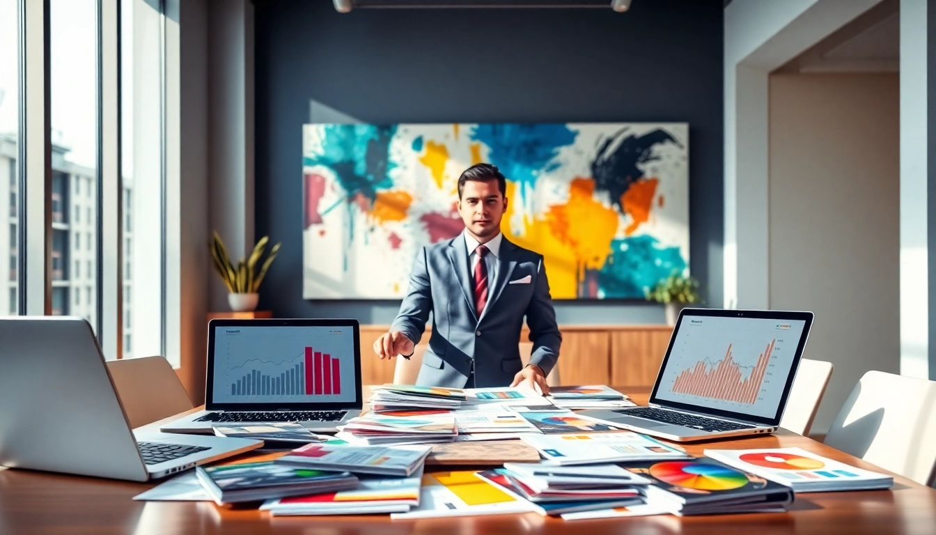 Explore various biz for sale options in a vibrant office setting with colorful brochures.