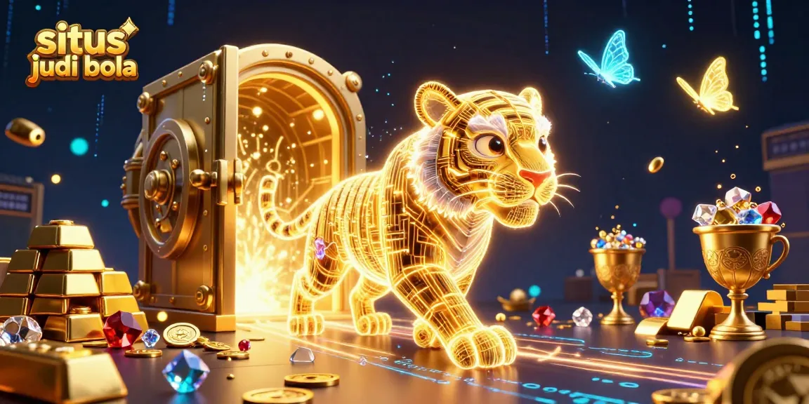 Situs judi bola illustration shows a golden tiger in a vibrant casino filled with treasure and energy.