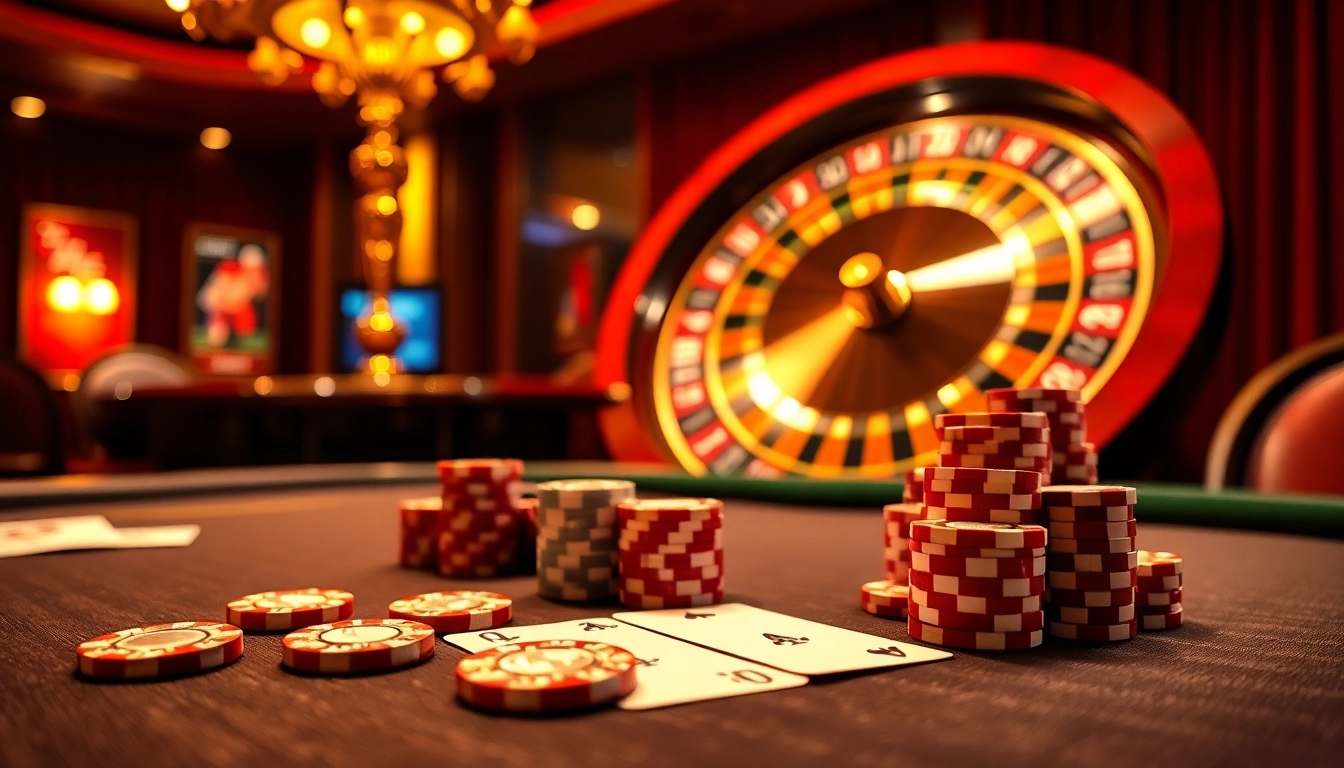 Intense game play at nhà cái mm88's luxurious online casino featuring a poker table and roulette wheel.