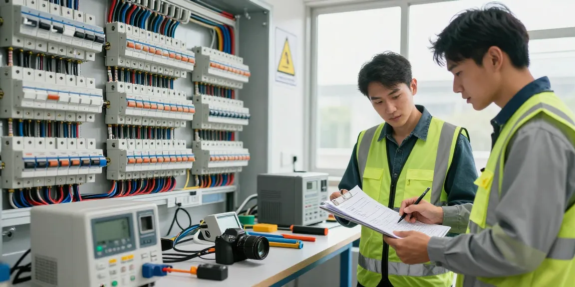 Technician inspecting Residual Current Circuit Breaker in a modern workspace.