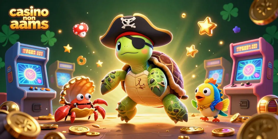 Immagine di un'avventura nei casino non AAMS con tartaruga pirata, granchio e pesce pappagallo sopra un tesoro sommerso.
