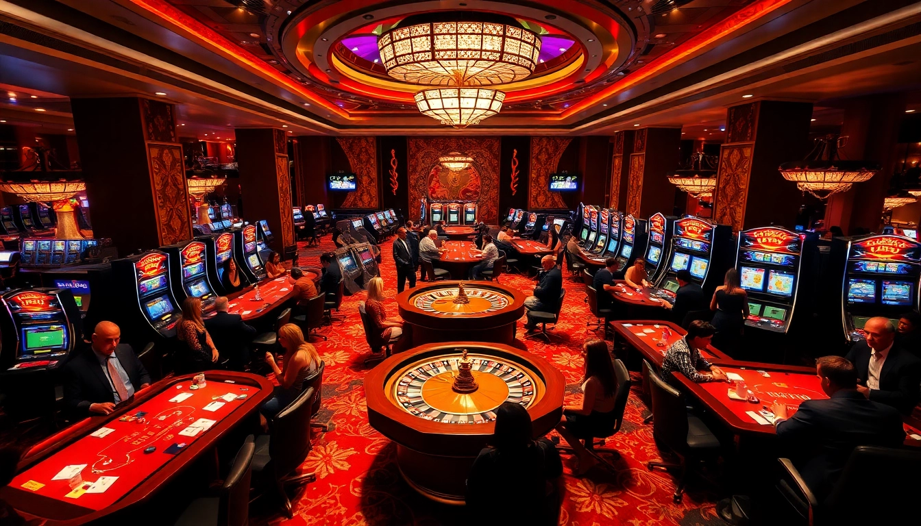 Scène excitante au meilleur casino en ligne avec des joueurs engagés aux tables et des machines à sous lumineuses.
