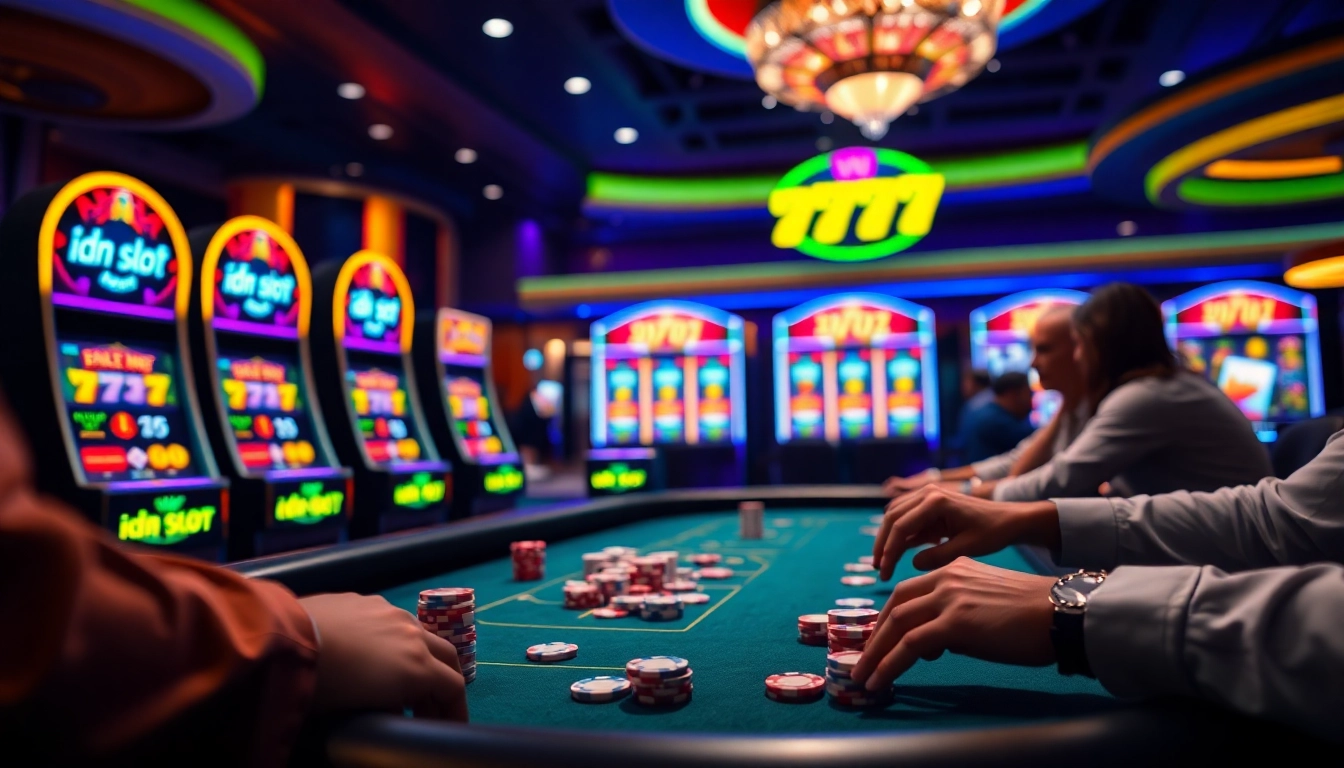 IDN slot 777 action at a high-stakes poker table with vibrant casino elements.