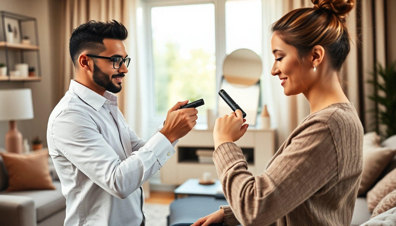 Traveling hairstylist expertly styling hair in a cozy living room setting with stylish decor.