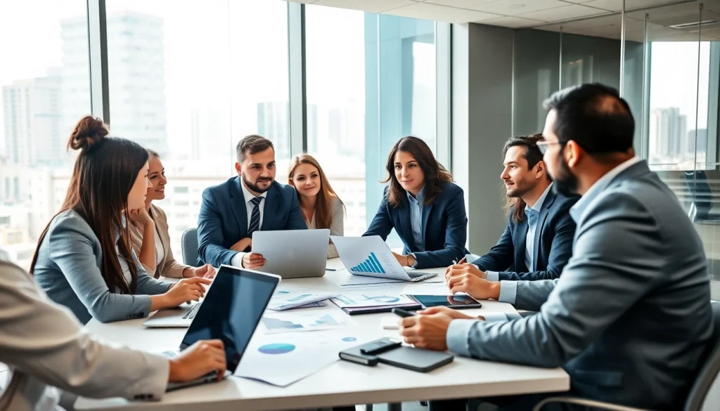 B2B mystery shopping discussion among professionals in a modern office setting.