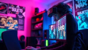 Gamer bersemangat bermain suletoto alternatif dengan LED berwarna di ruang bermain modern
