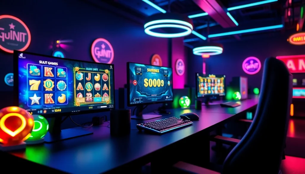 Bos88 menampilkan suasana gaming modern dengan monitor canggih dan pencahayaan neon yang menarik.