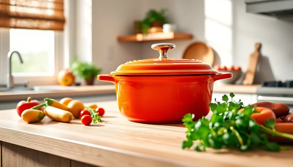 Cook a delicious meal with Le Creuset NZ cookware featured on a wooden countertop.
