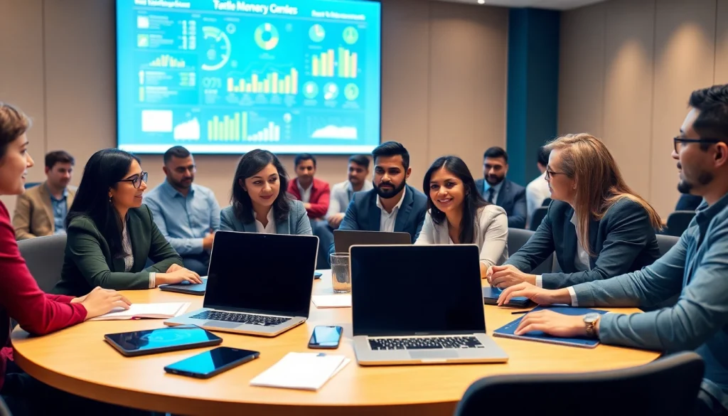 People engaging in discussions about Technology at a conference setting with presentations and laptops.