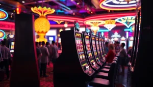 Mainkan slot di mesin kasino yang meriah dengan cahaya neon yang menyala.