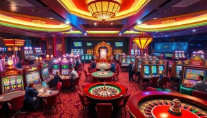 Experience the vibrant gambling world of KJC AC 1 with players enjoying casino tables and slot machines.