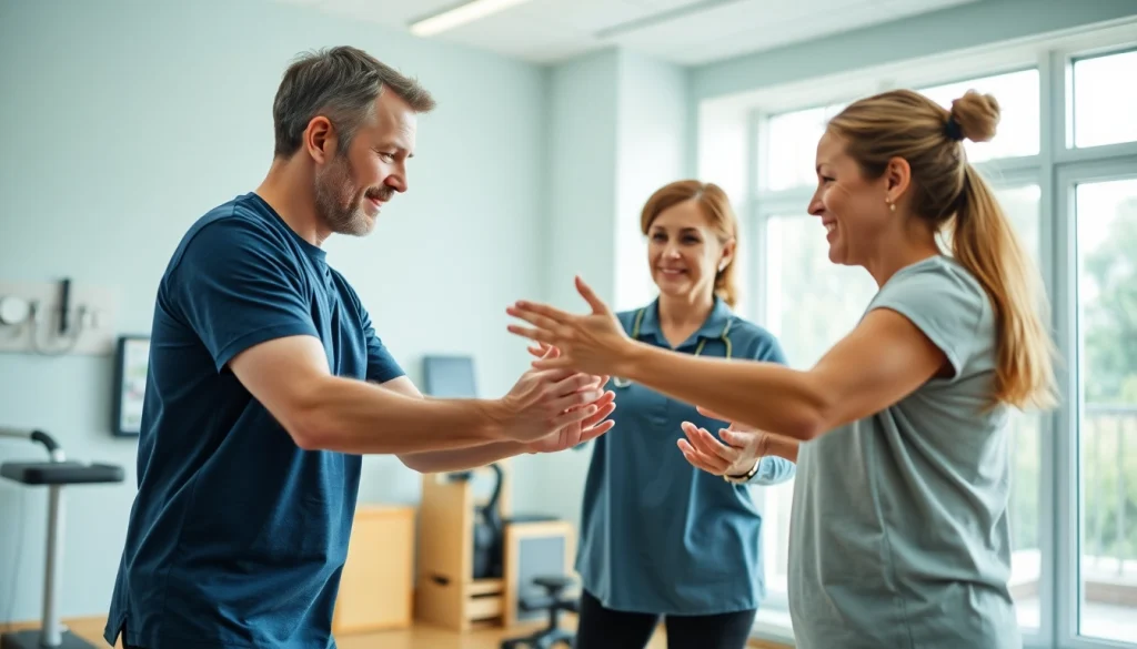 Health in Motion Rehabilitation therapist guides patient through mobility exercises in a bright clinic.