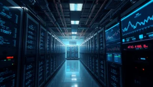 Crypto mining facility showcasing advanced ASIC miners and data analytics in a high-tech environment.