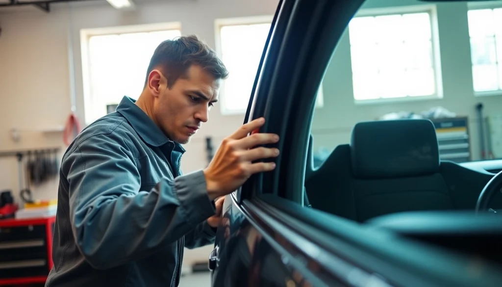 Technician performing side window replacement with precision in a well-lit garage.