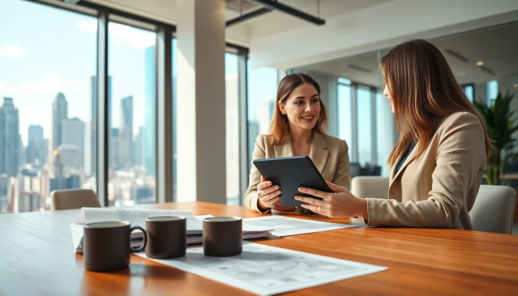 Real Estate agent consulting with clients in a modern office, showcasing expert guidance.