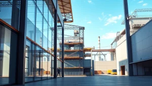 Showcase an urban setting for industrial leasing with modern architecture and bright natural lighting.